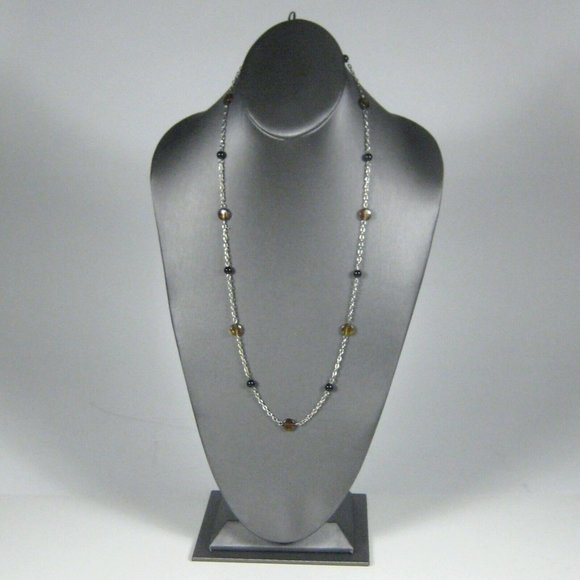 Necklace Brown Plastic Beaded 26 In Strand Silvertone Chain Jewelry Delicate - Picture 2 of 6